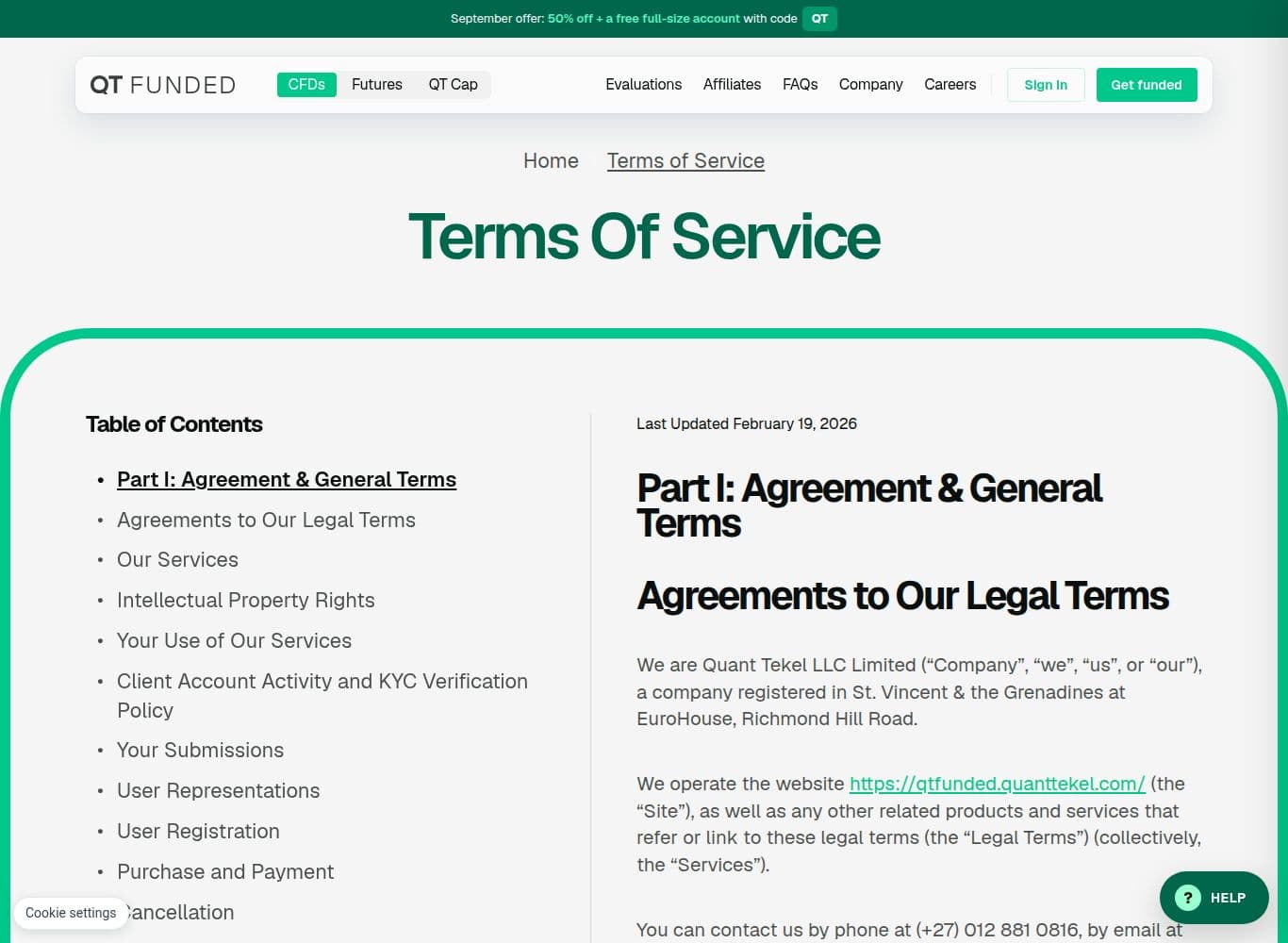 Terms of Service naming the St. Vincent contracting entity and containing the amendment, forfeiture and confidentiality clauses