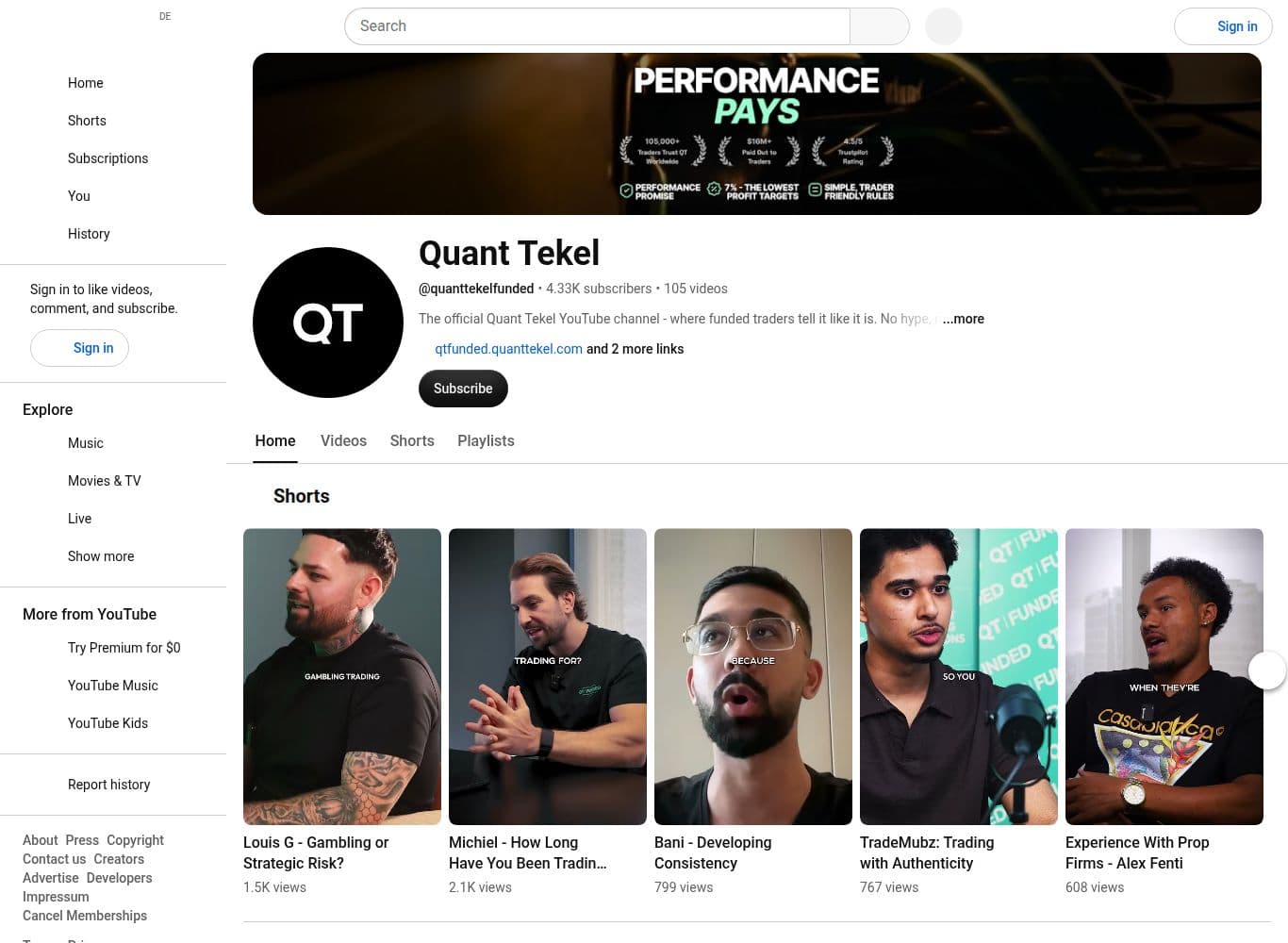 Official Quant Tekel YouTube channel showing subscriber count and upload cadence