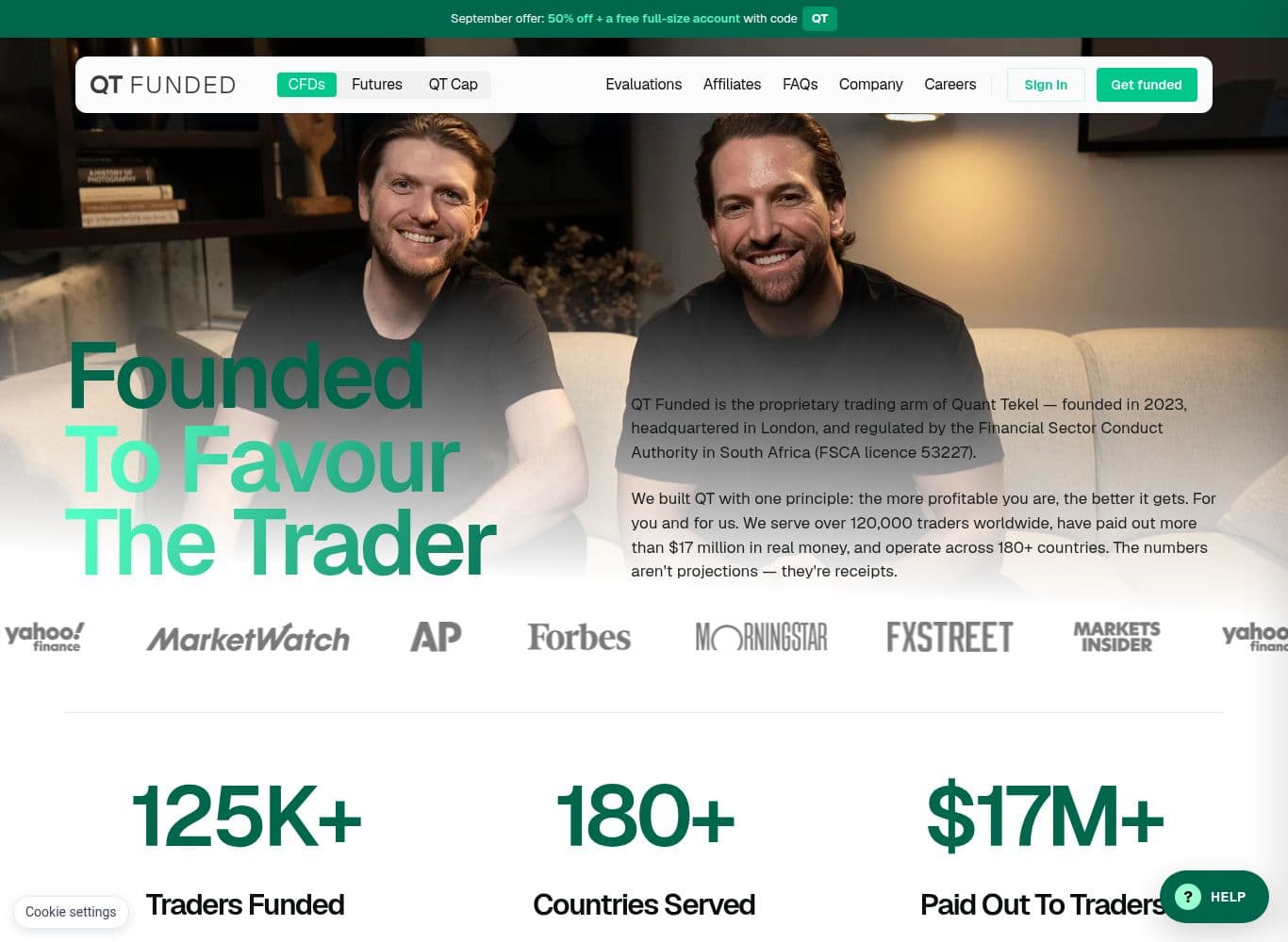 Company page asserting that QT Funded is regulated by the Financial Sector Conduct Authority under licence 53227
