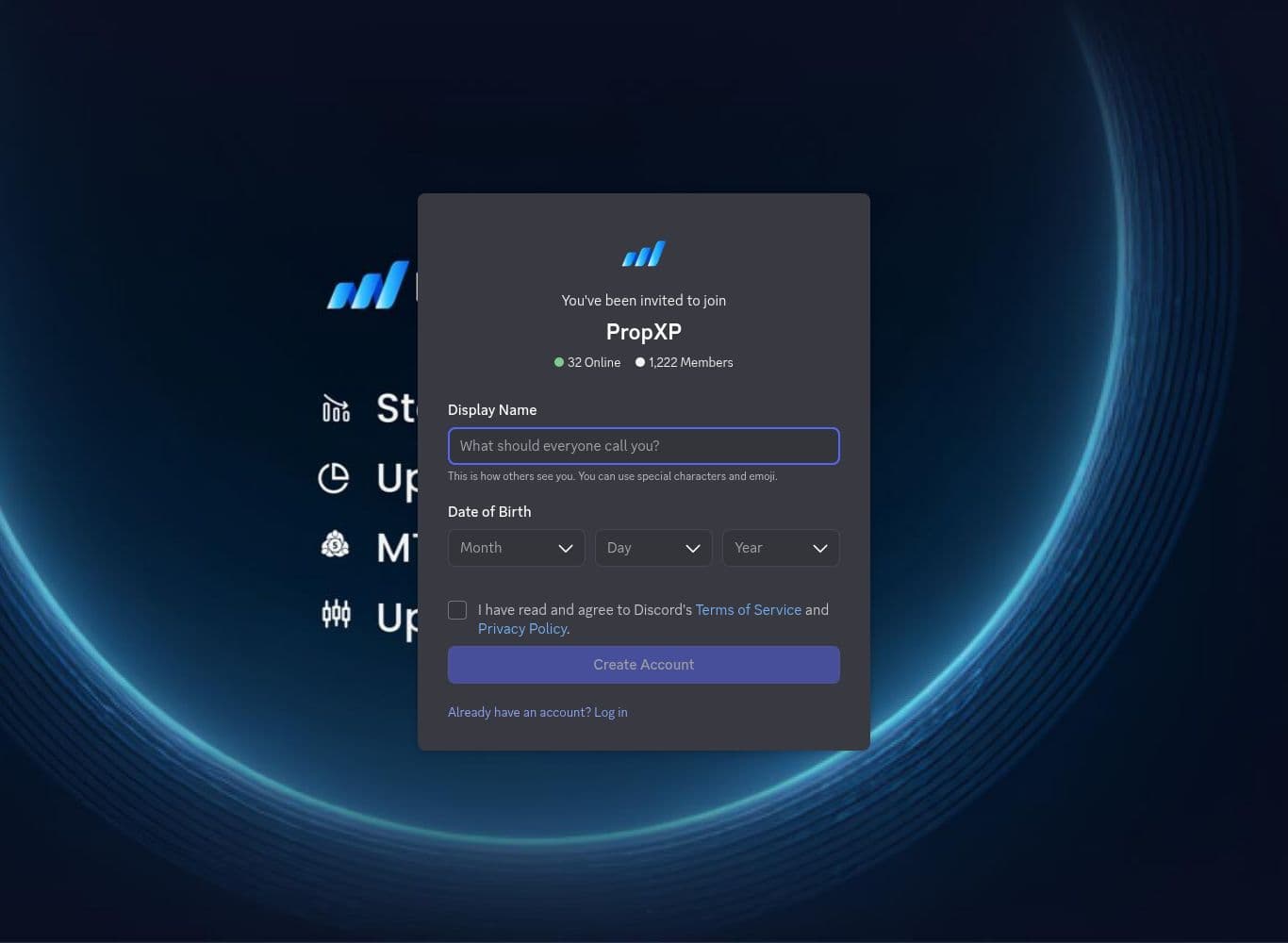 PropXP Discord invite showing member count and online presence