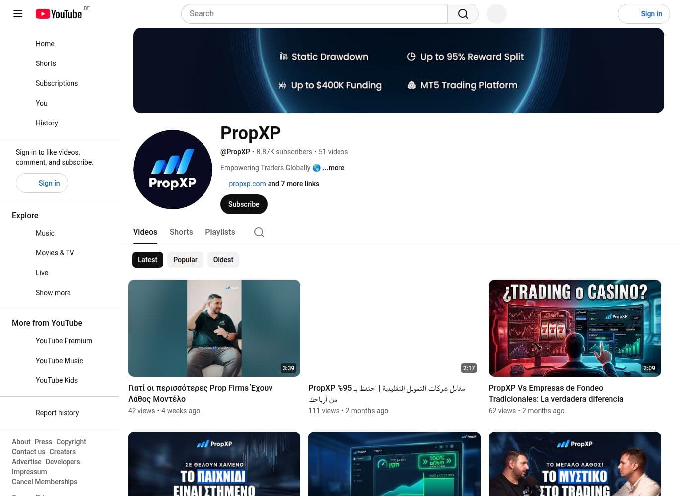 PropXP YouTube channel showing subscriber count and upload cadence