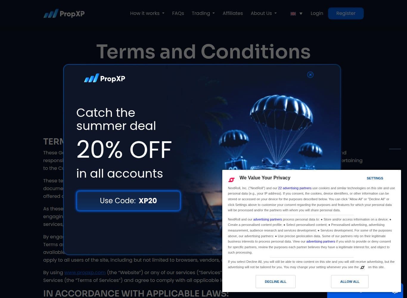 PropXP Terms and Conditions containing the without-notice amendment right and the forbidden trading practices clause