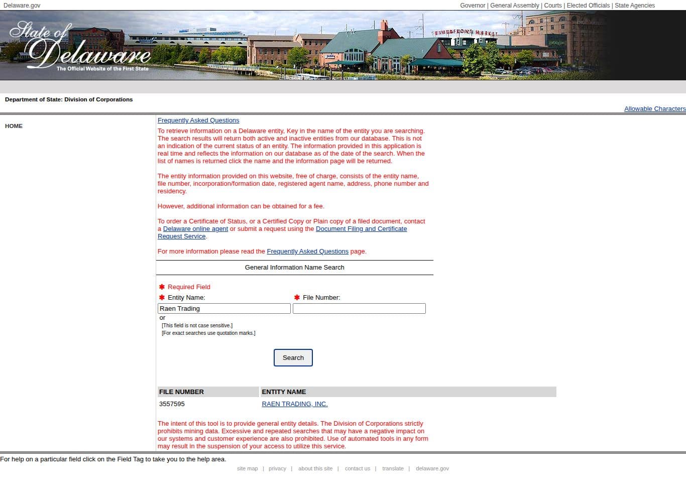 Delaware Division of Corporations search result for RAEN TRADING, INC., file number 3557595