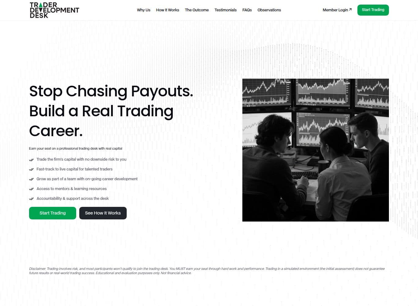 Trader Development Desk homepage showing the 389 dollars per month Phase 1 assessment, the two-phase structure and the 60/40 to 80/20 profit split