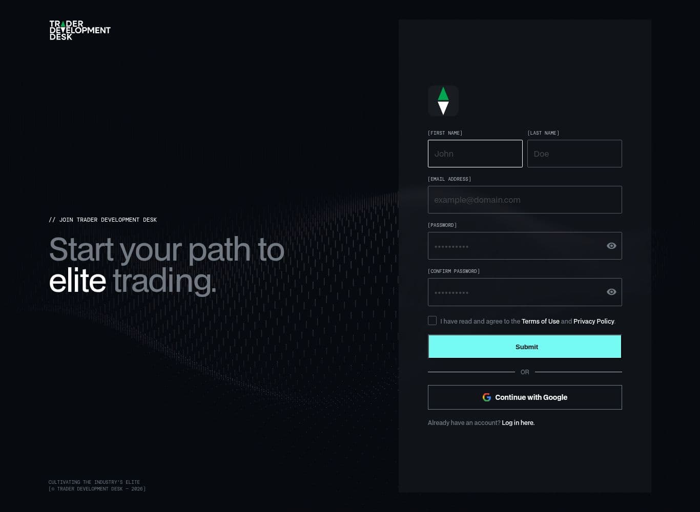 Member portal signup, which offers the assessment only and no live trading account