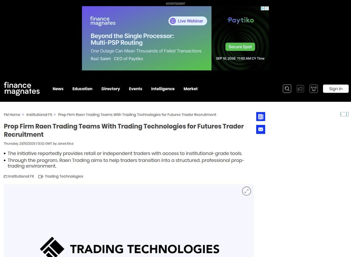 Trade press confirmation of the Trading Technologies partnership, October 2025
