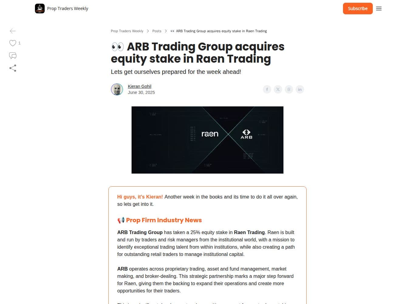 Industry newsletter reporting ARB Trading Group's 25 percent equity stake, June 2025