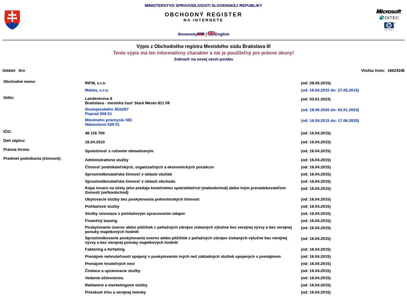 Slovak Commercial Register full extract for RIFM, s.r.o., company ID 48 116 700