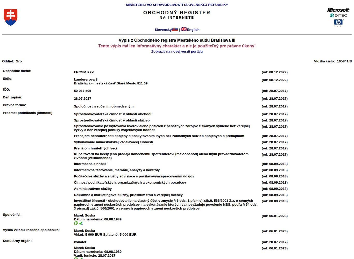 Slovak Commercial Register extract for FRCSM s.r.o., the proprietary trading entity named in the funded account contract