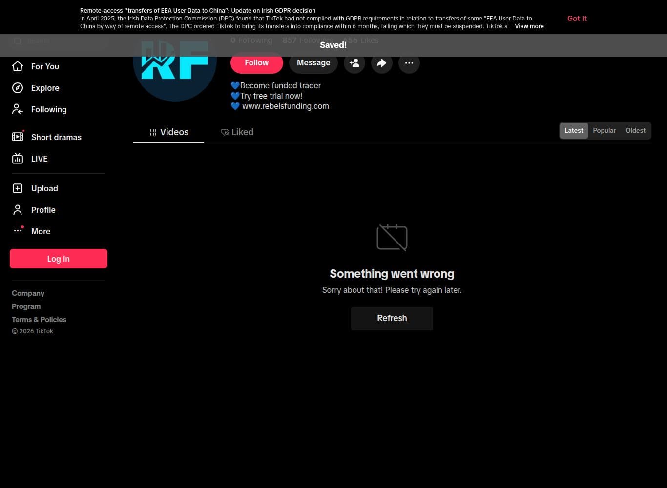 Official TikTok account, 857 followers, bio linking to rebelsfunding.com