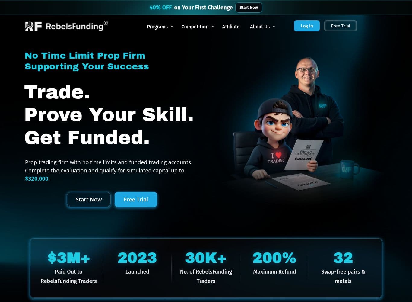 RebelsFunding homepage showing the 3 million dollar payout claim, the 2023 launch date and the payout certificate wall