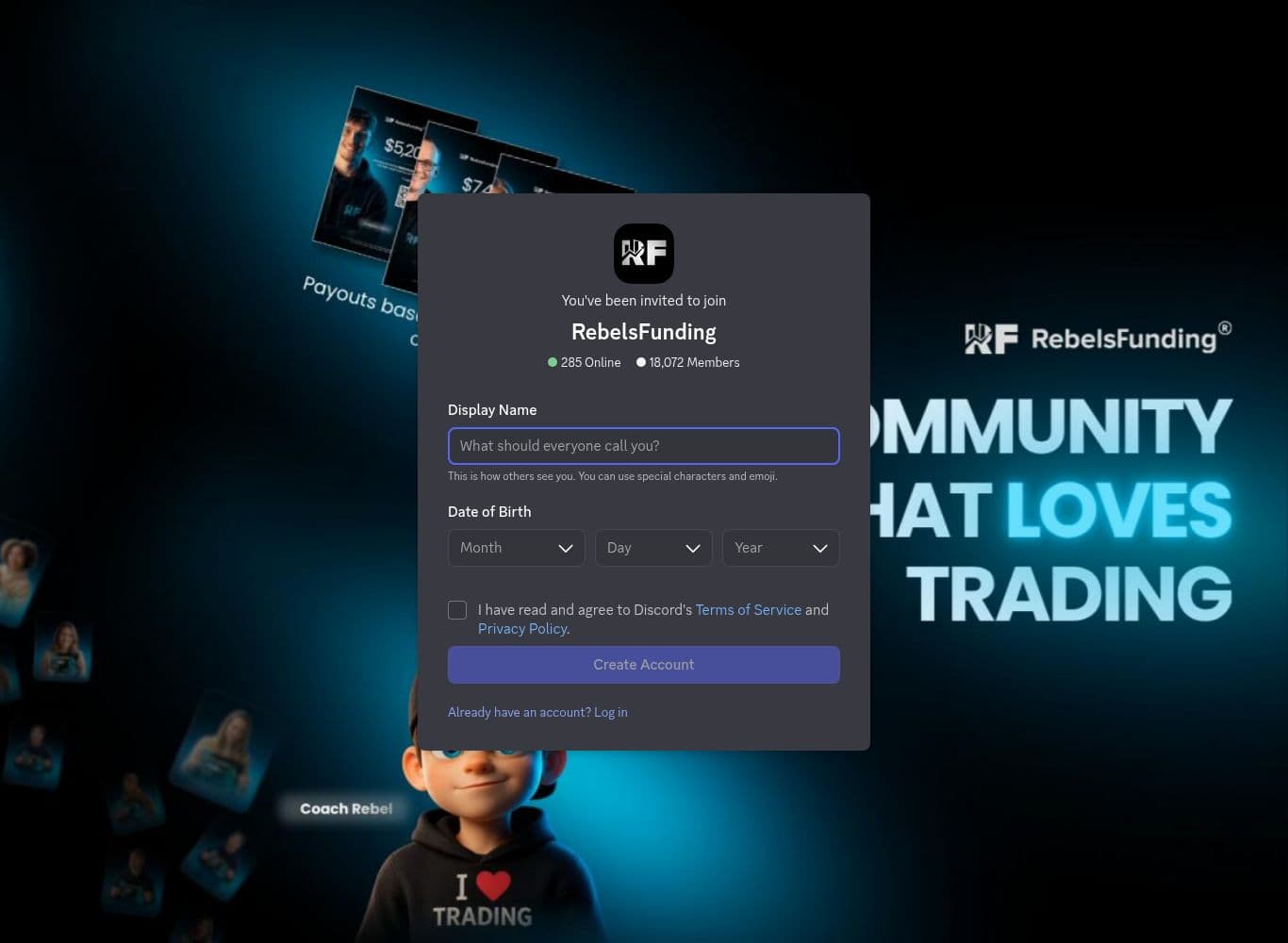Official RebelsFunding Discord invite showing 18,071 members