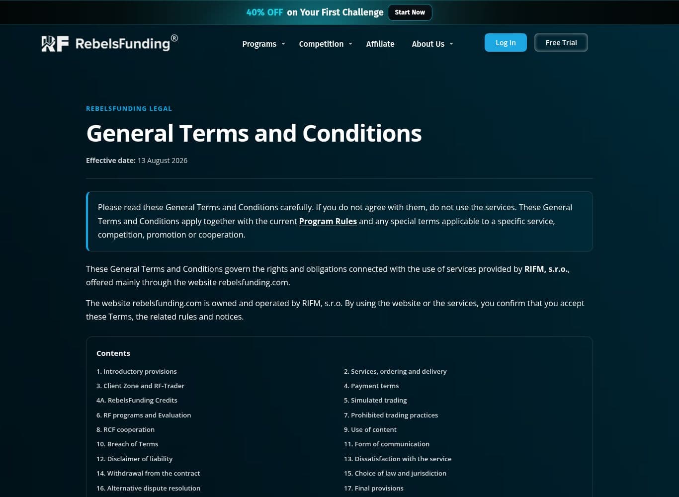 Terms and Conditions in force from 13 August 2026, containing the discretionary refusal of funded onboarding