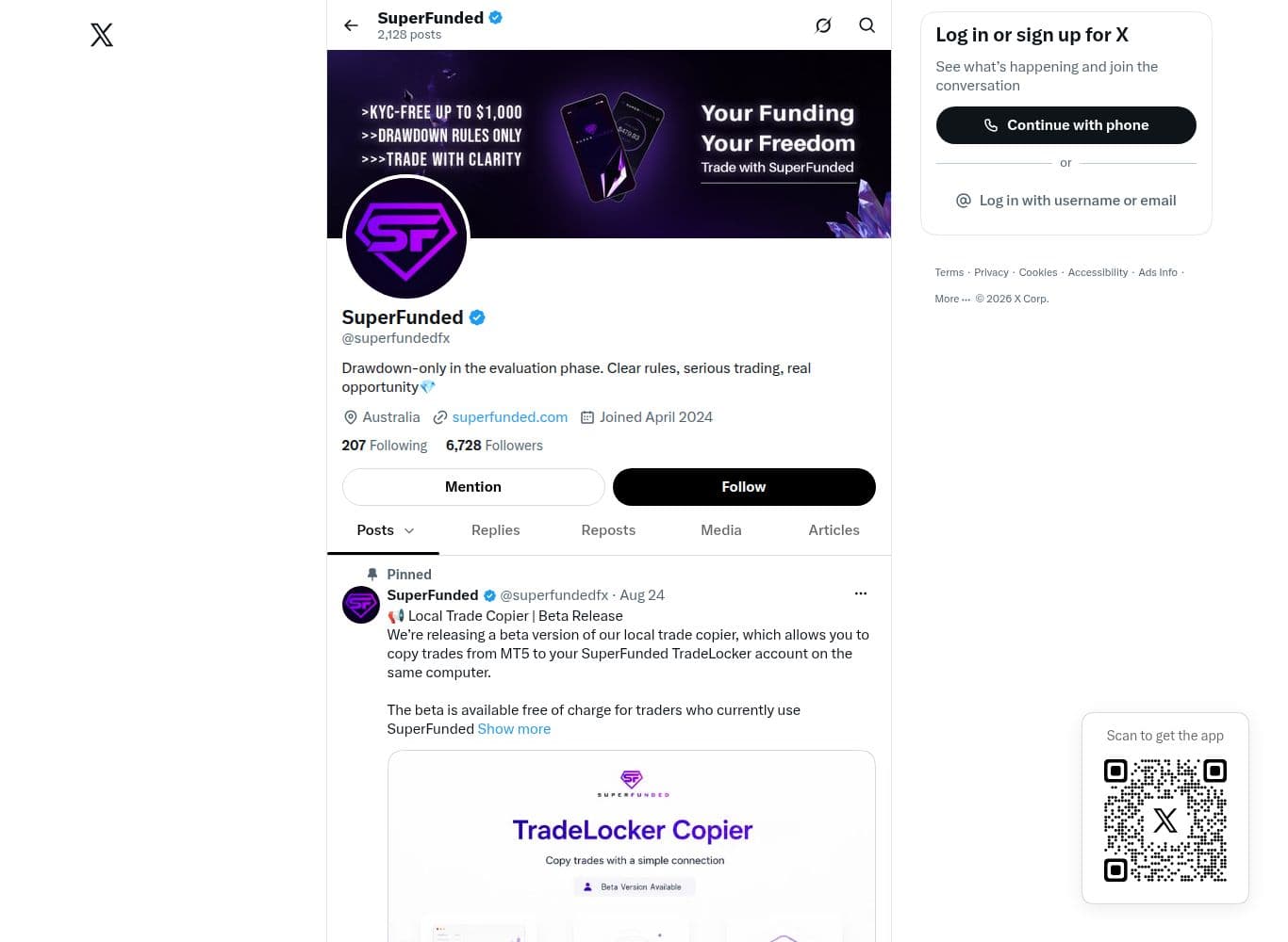 Official SuperFunded account on X, linked from the site footer