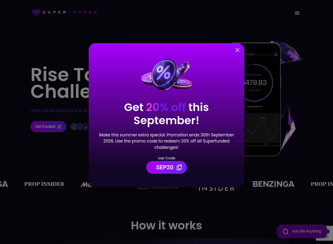 The Real trader payouts carousel: 19 payout certificates showing an amount and two initials, with no date and no certificate id