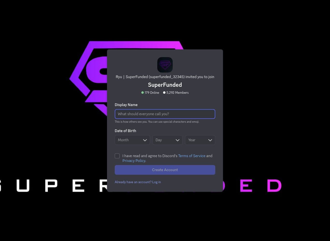 Official SuperFunded Discord invite showing the member and online counts