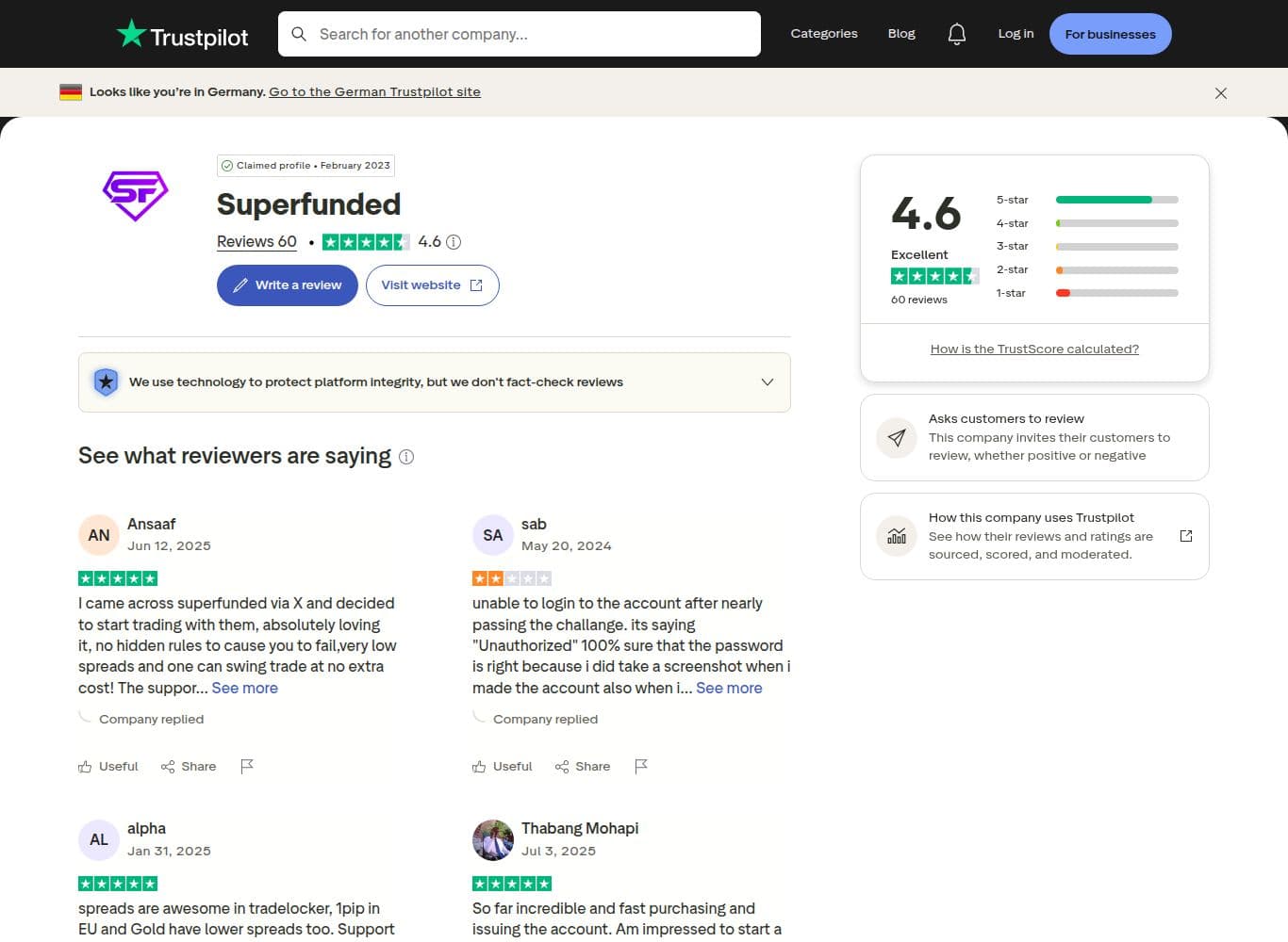 The critical review tail, showing the 2023 cluster of payout refusal and delay reports and the firm's replies