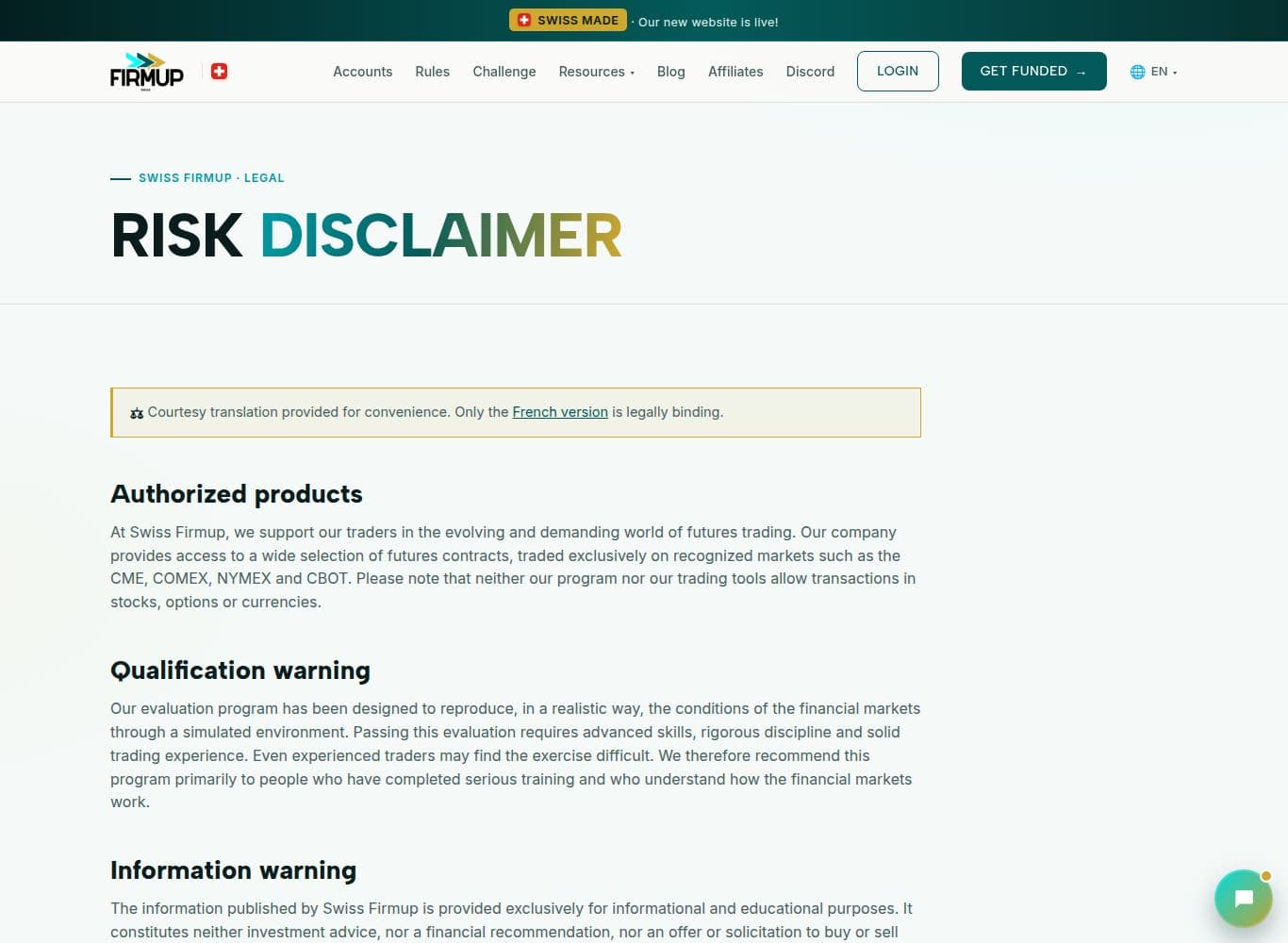 Risk disclaimer stating the programs rely exclusively on simulated accounts, which the binding terms contradict