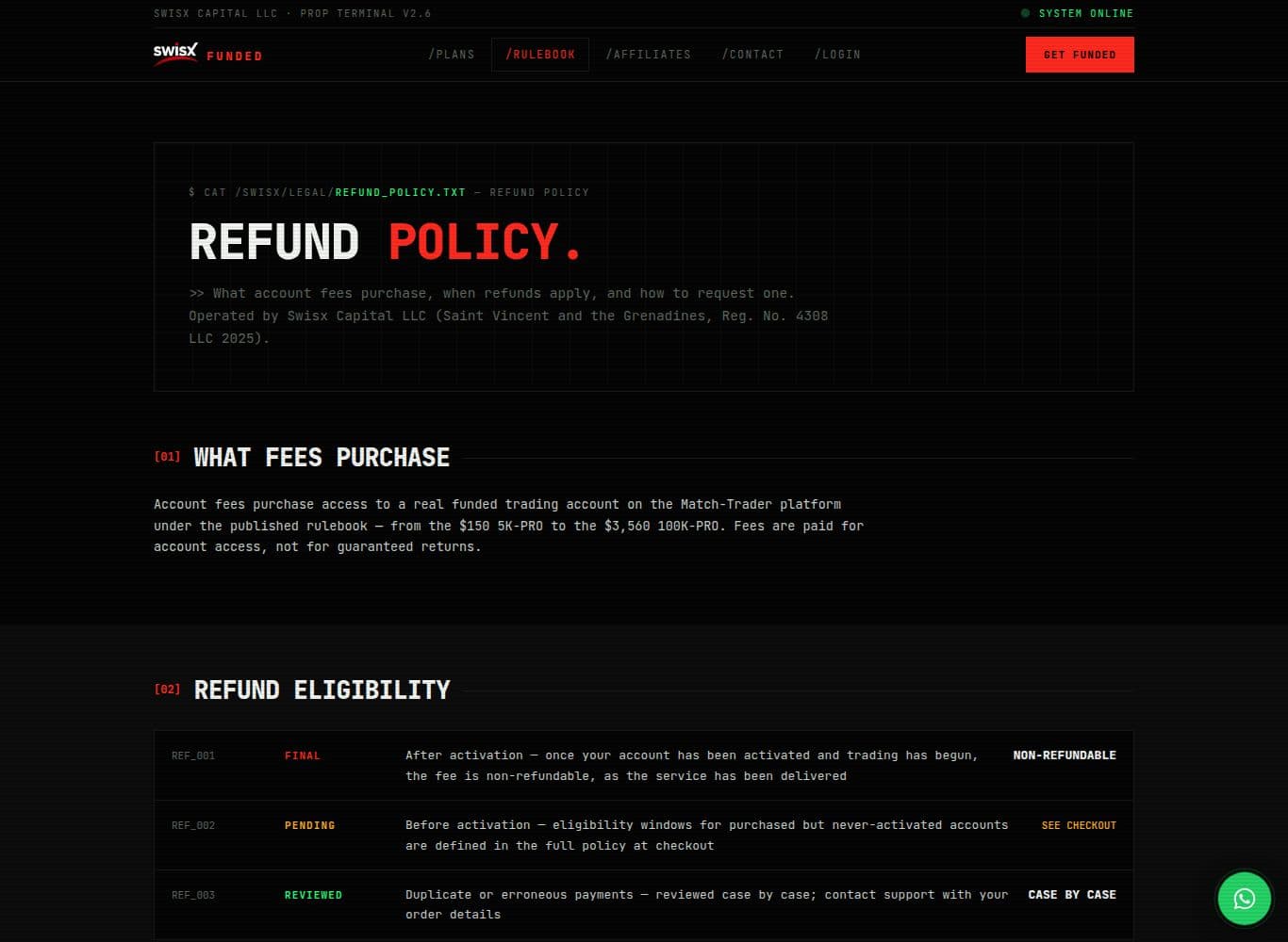 Refund policy confirming the account fee is non-refundable once trading has begun