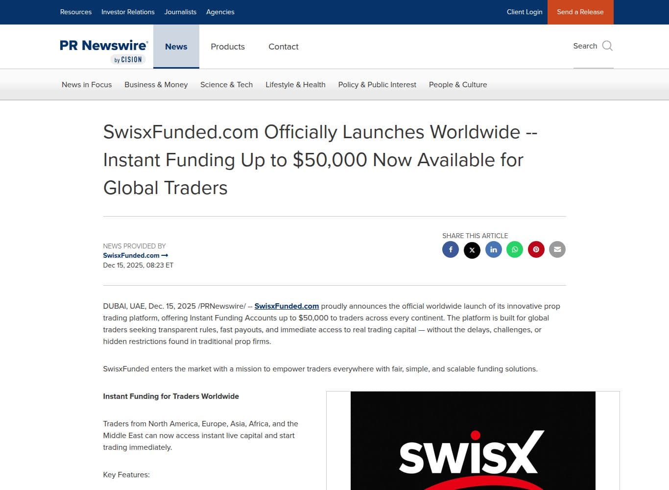 December 2025 launch announcement issued in the name of Swisx Global LLC of Dubai, with terms differing from the current site