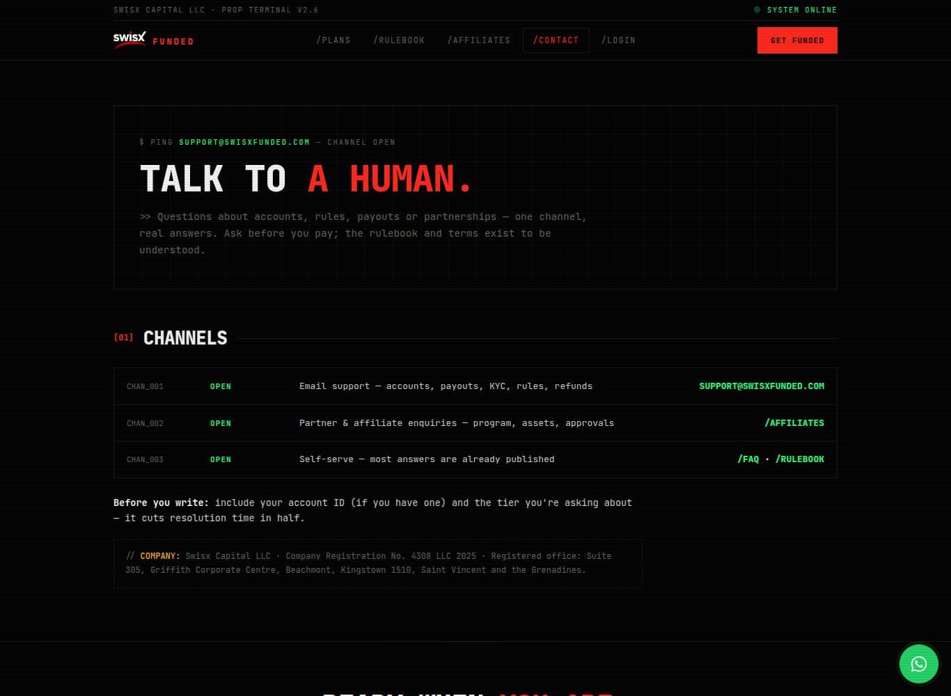 Contact page showing the Saint Vincent registered address and the absence of any social or community channel