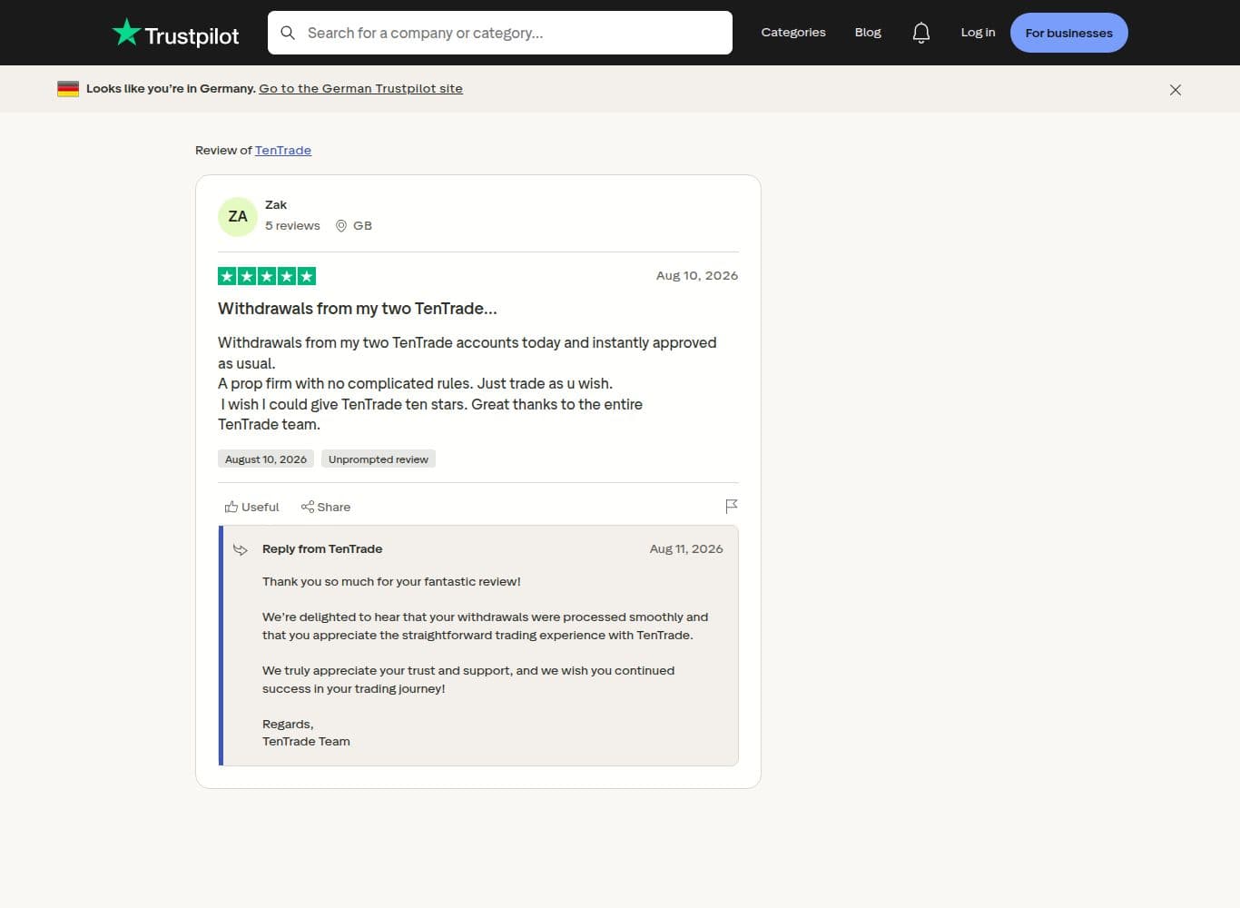 Trader report dated 10 August 2026 of same-day withdrawal approval on two TenTrade accounts