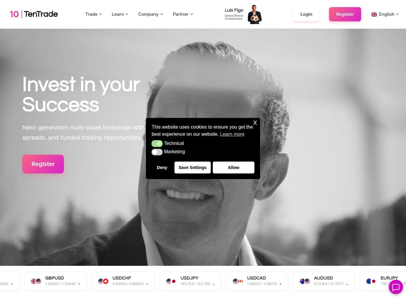 TenTrade homepage presenting itself as a multi-asset brokerage with funded trading