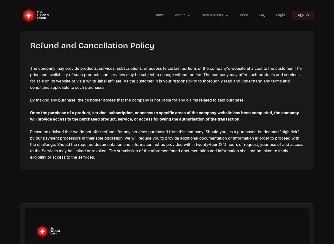 Refund policy stating that no refunds are offered for any service purchased