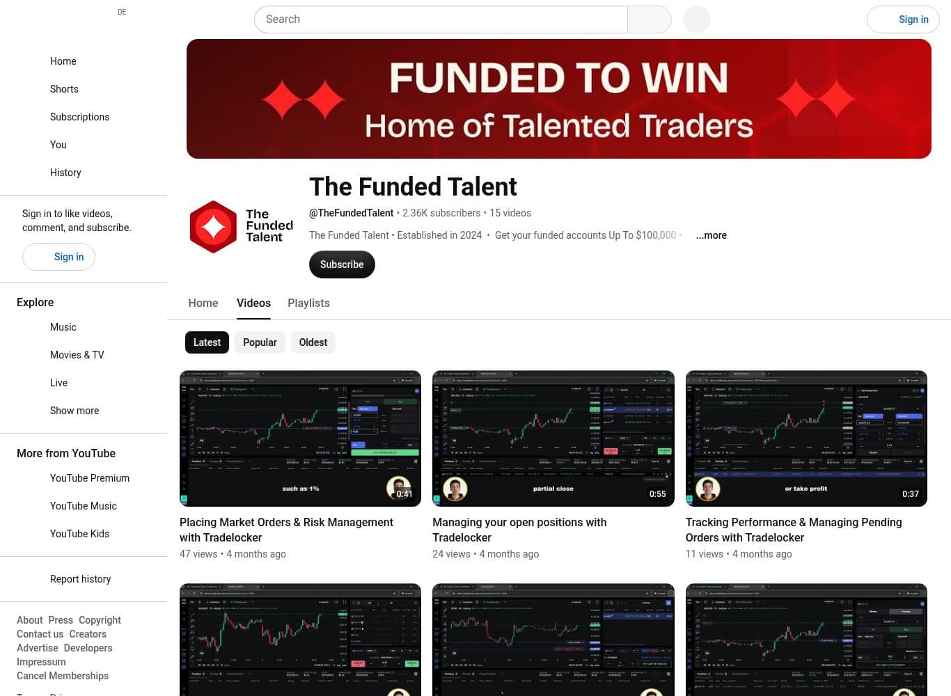 Official YouTube channel showing the TradeLocker tutorial series and subscriber count