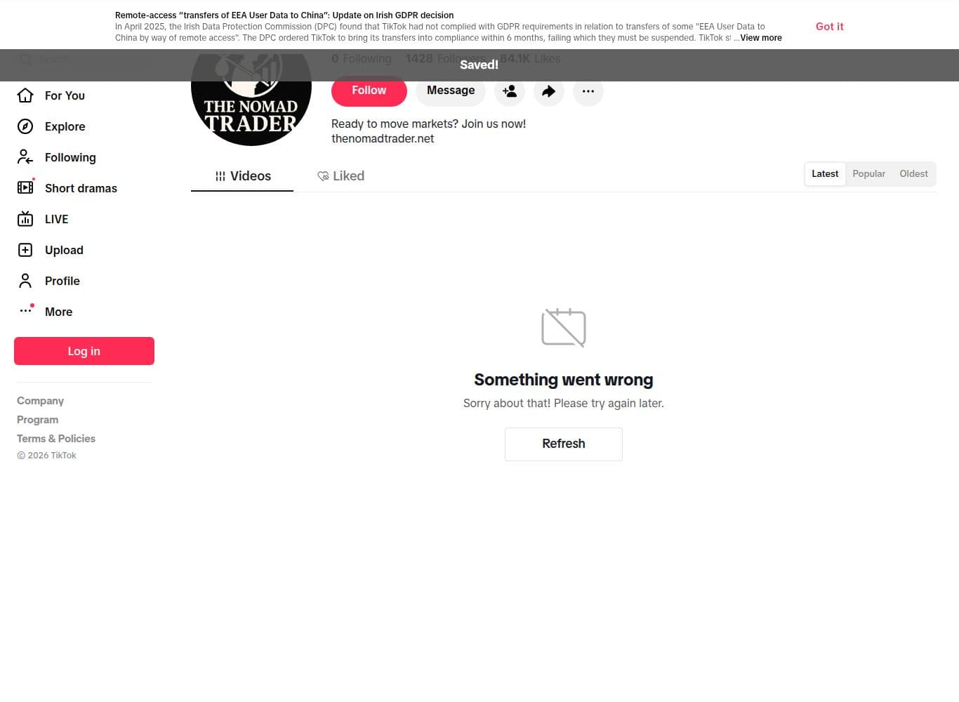 Official TikTok profile linking back to thenomadtrader.net