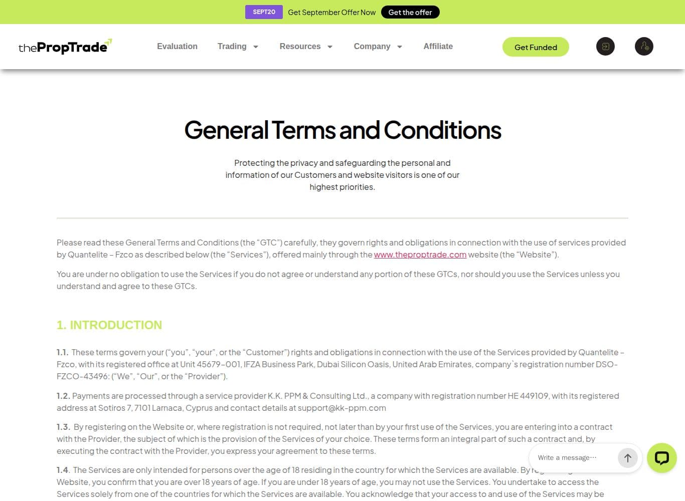 General Terms and Conditions naming Quantelite - Fzco as the contracting provider, with the unilateral alteration and sole discretion clauses