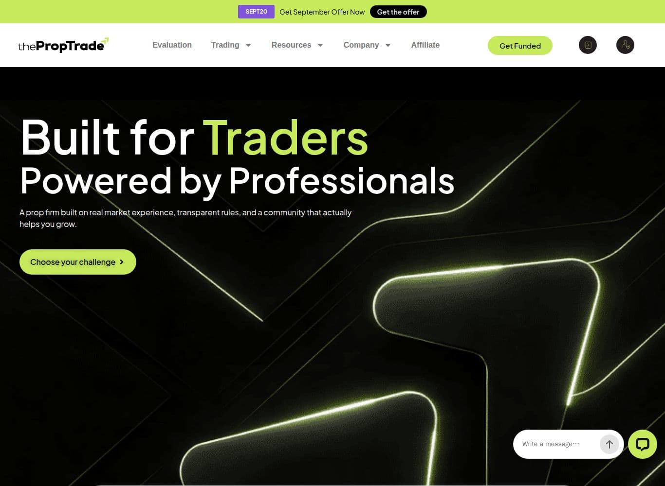 thePropTrade homepage showing the account builder, the four evaluation models and the 80% reward split