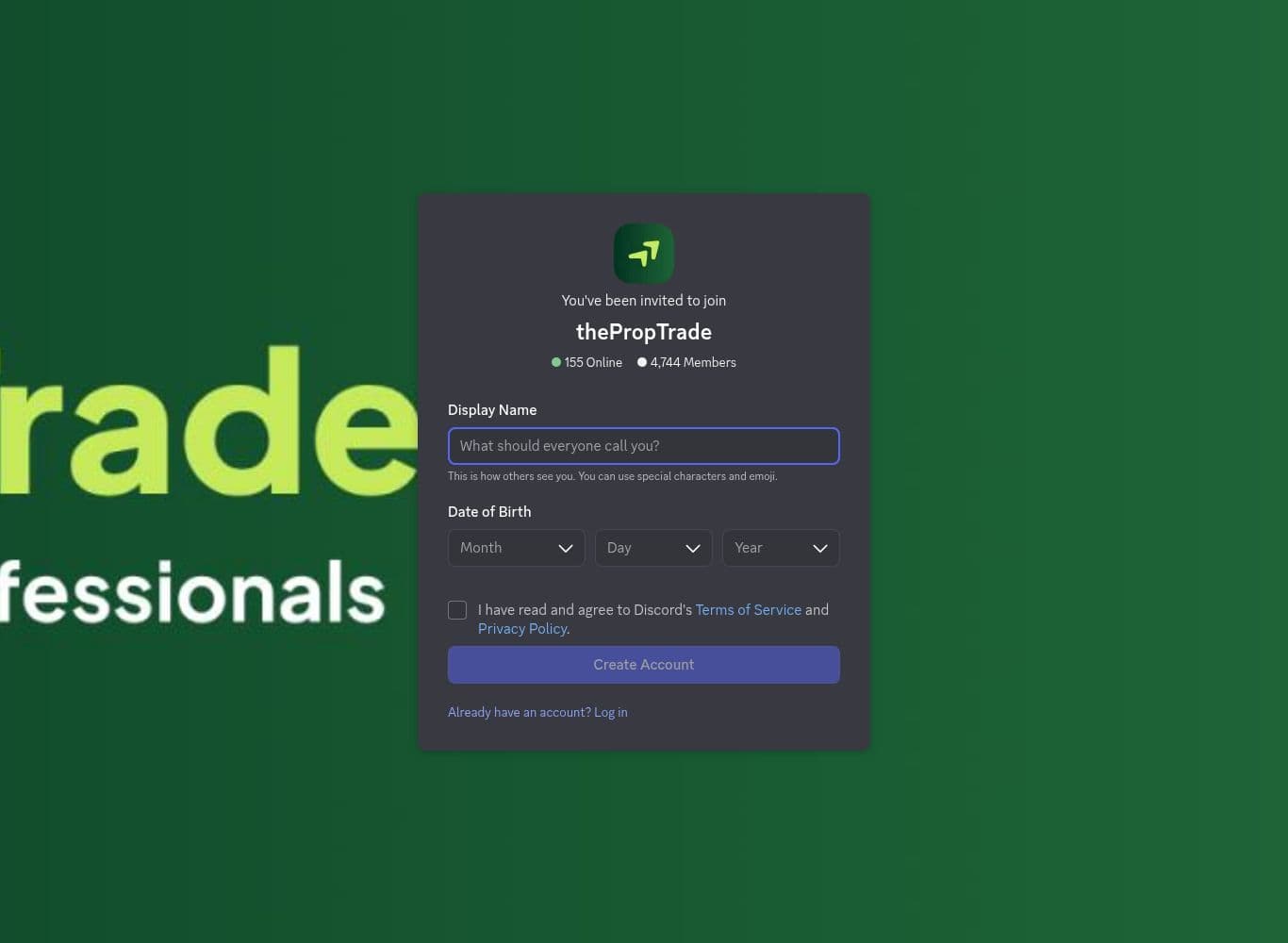Official thePropTrade Discord invite showing 4,744 members and 156 online