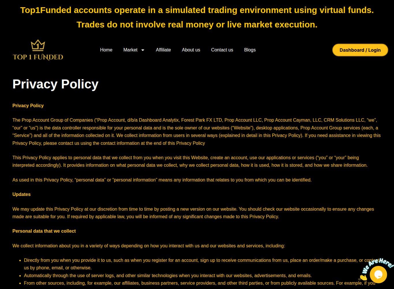 Privacy policy naming the Prop Account group entities including the Cayman Islands company behind the funded trader agreement