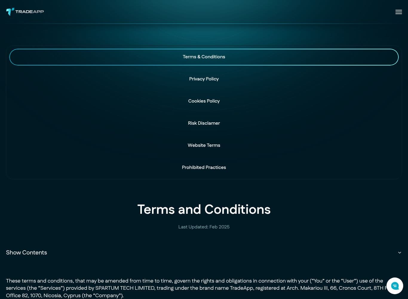 TradeApp legal documents hub carrying the Terms and Conditions and the separate Prohibited Practices rules