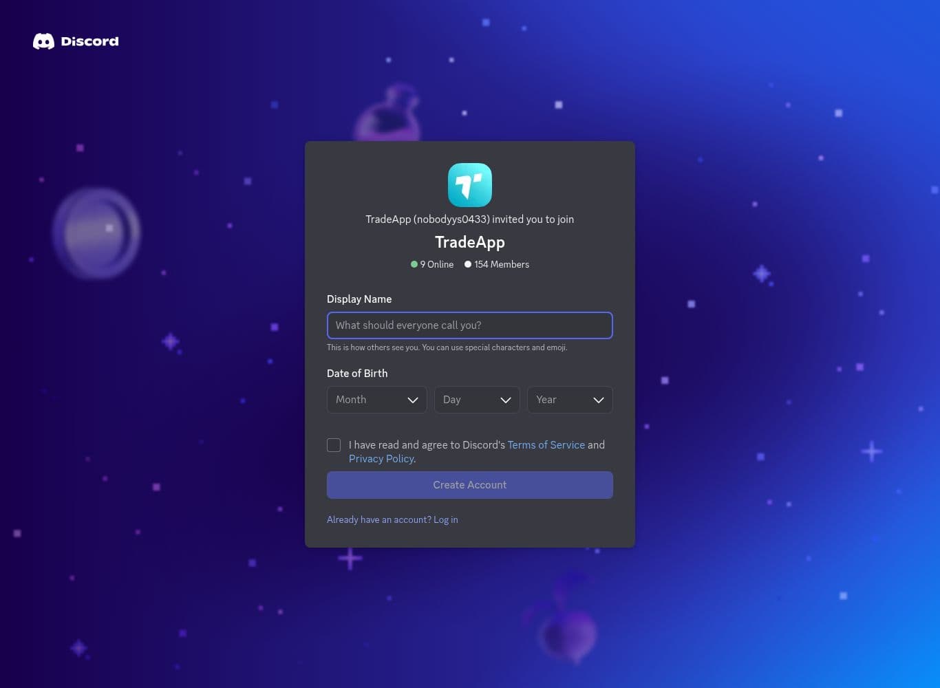 Official TradeApp Discord invite showing the member and online counts