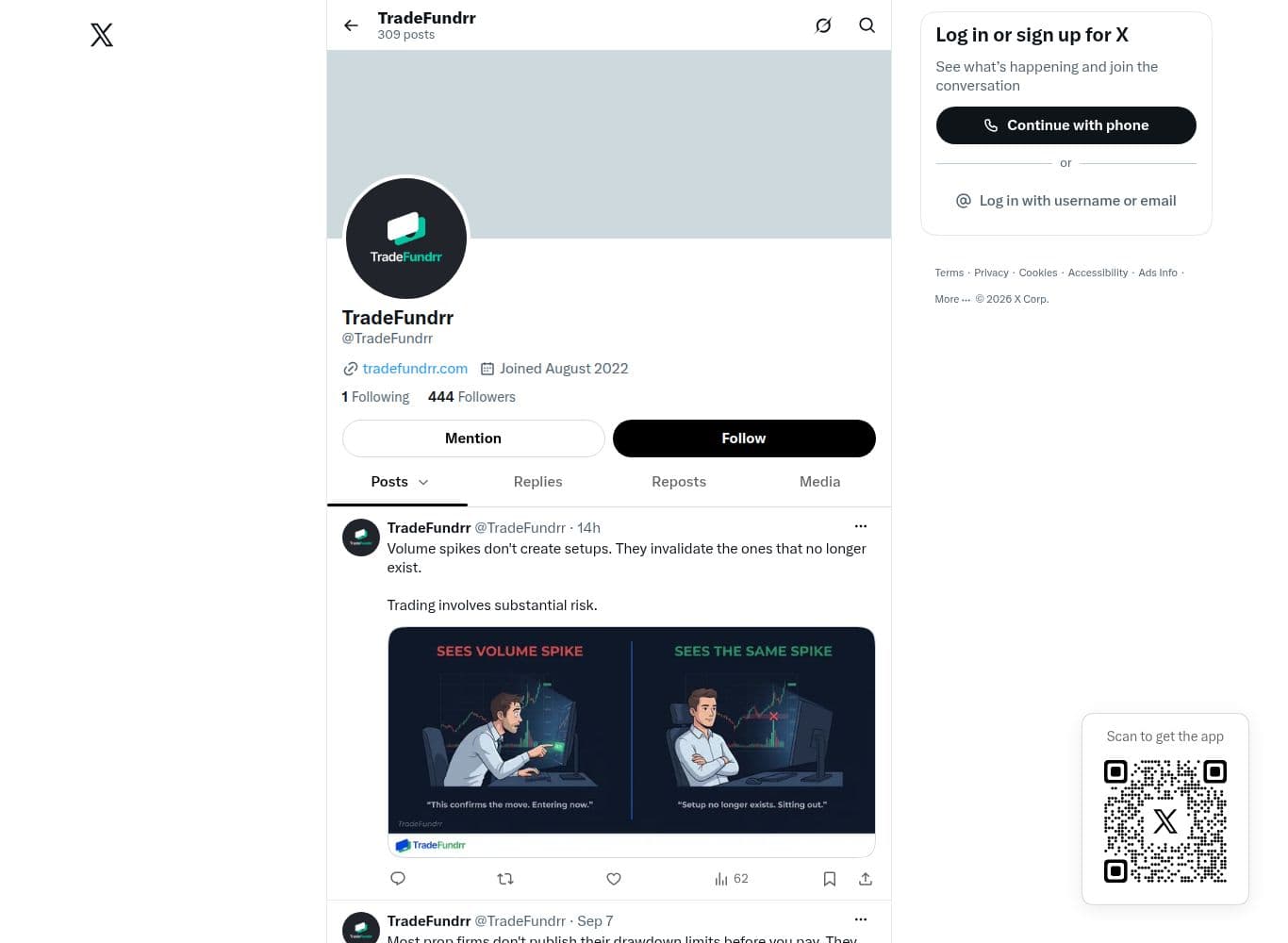 Official X account linked from the TradeFundrr site footer