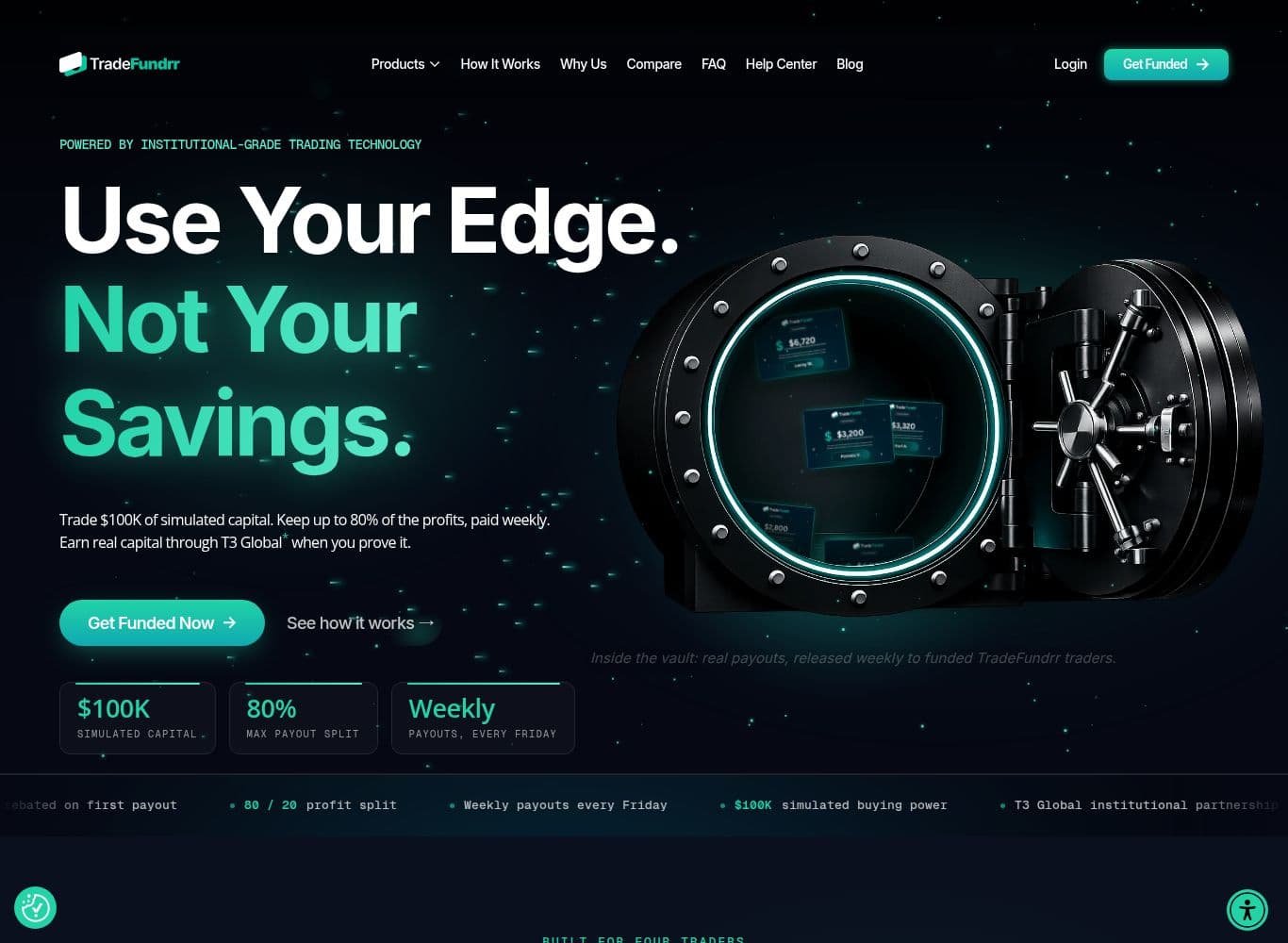 TradeFundrr homepage showing the 80 percent split, weekly Friday payouts and simulated capital framing