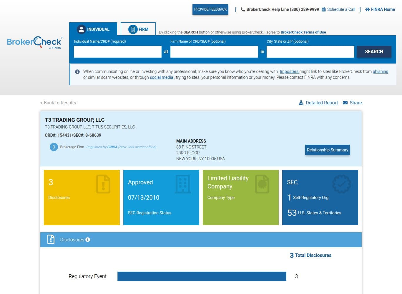 FINRA BrokerCheck record for T3 Trading Group, LLC, the registered broker-dealer affiliated with the entity behind TradeFundrr's live-capital tier