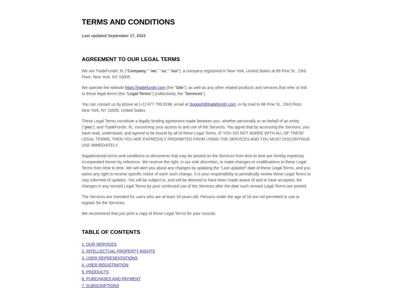 Terms and Conditions naming TradeFundrr, LLC of 88 Pine St and reserving the right to change trading rules without notice