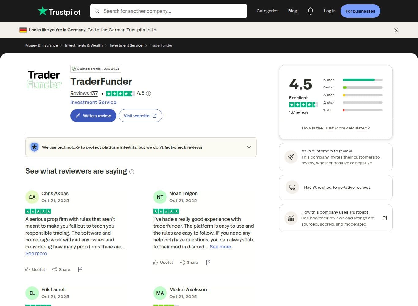 Trustpilot profile sorted by recency, showing 137 reviews with nothing newer than October 2025