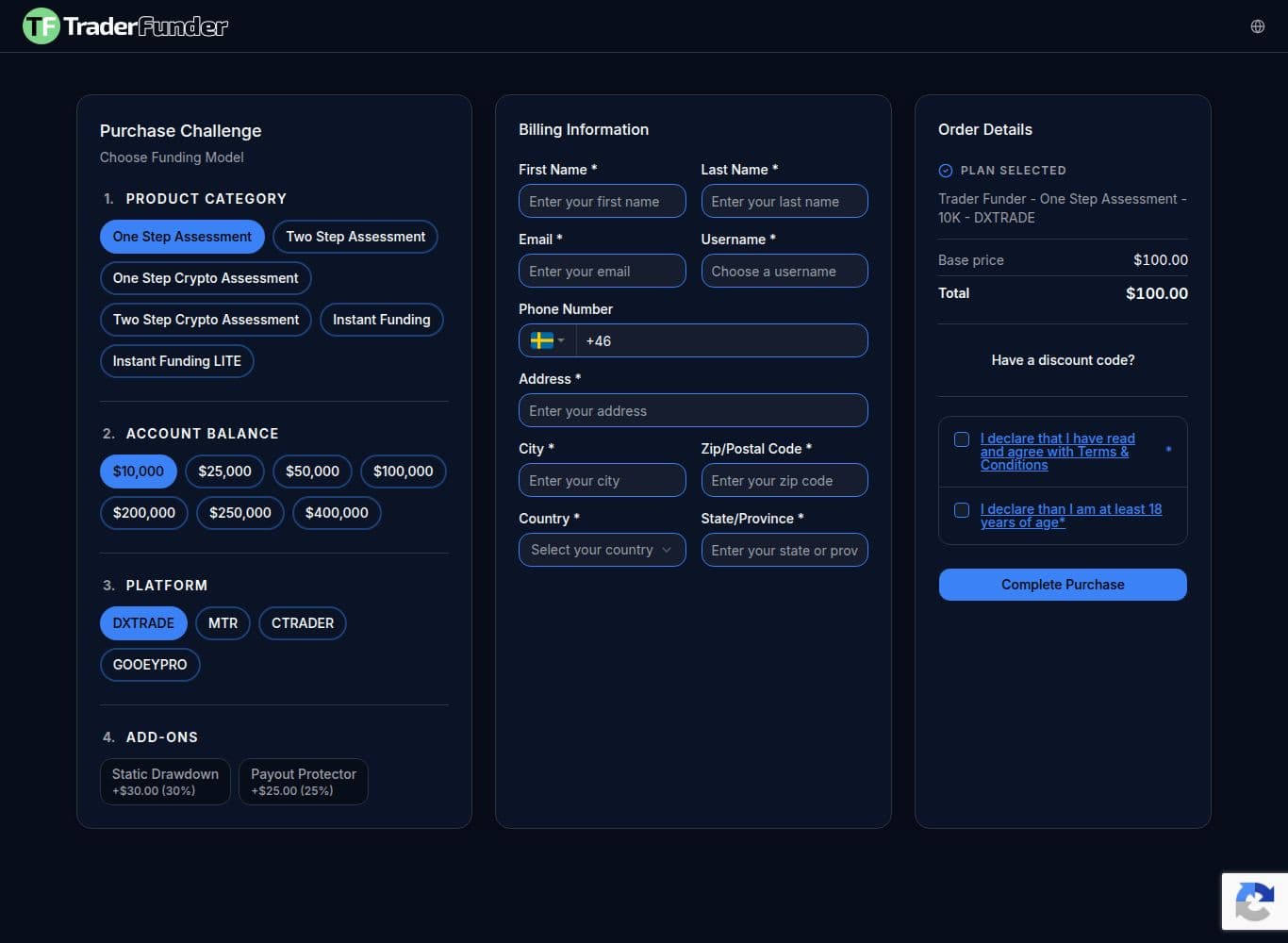 Live challenge checkout showing the one-time fee model and the paid Static Drawdown and Payout Protector add-ons