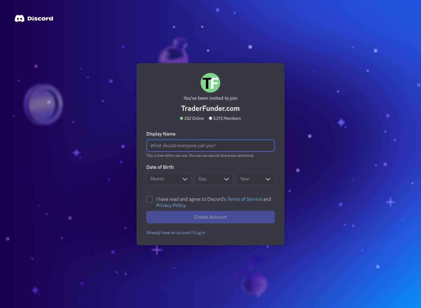 Official TraderFunder Discord invite showing 3,213 members and over 250 online