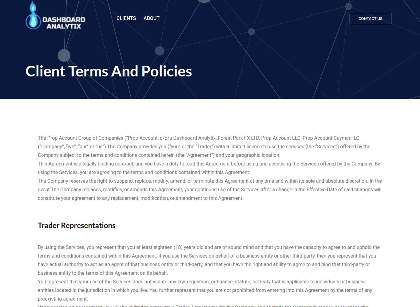 Client Terms and Policies granting amendment and risk-control changes at sole and absolute discretion
