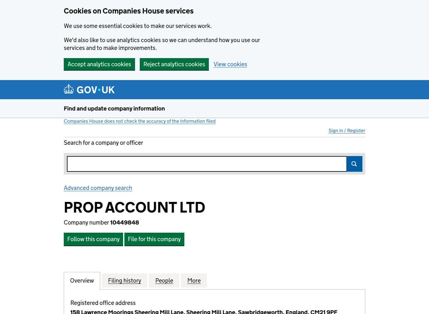 Companies House entry for Prop Account Ltd, formerly Forest Park FX Limited, showing active proposal to strike off
