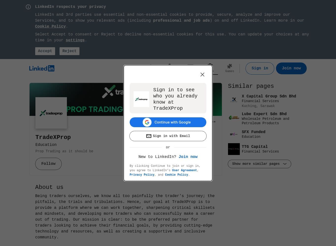 TradeXprop LinkedIn company page showing a founding year of 2023 and a headcount of six