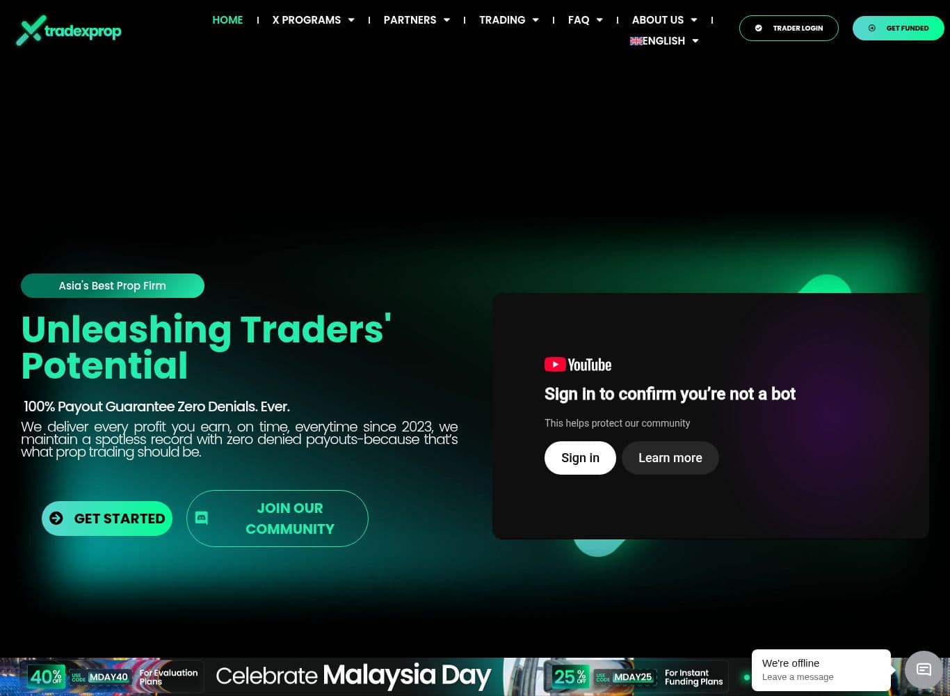 TradeXprop homepage showing the 100% Payout Guarantee claim and the published account limits including the 45% consistency score
