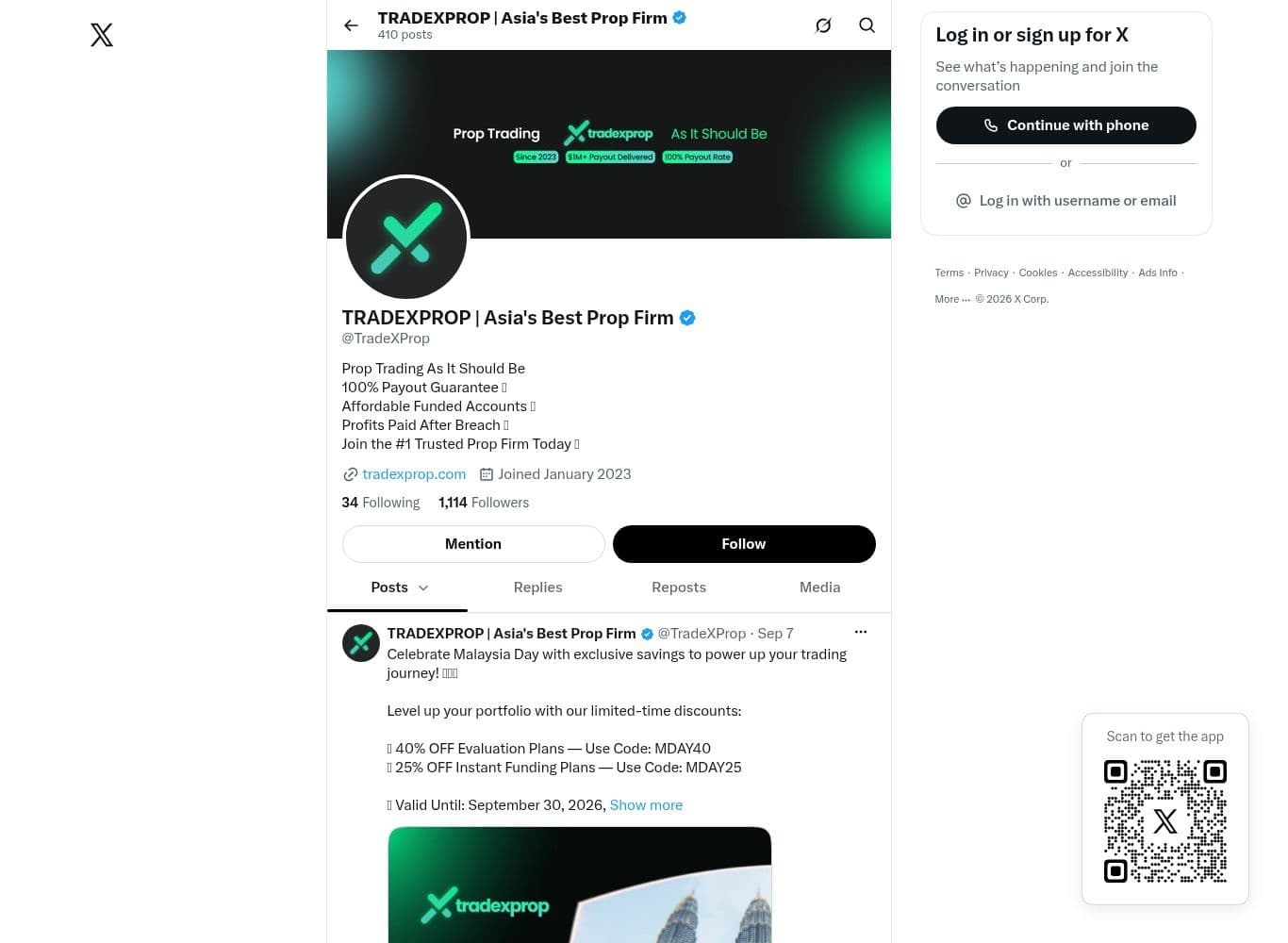 Official TradeXprop X account linked from the site footer