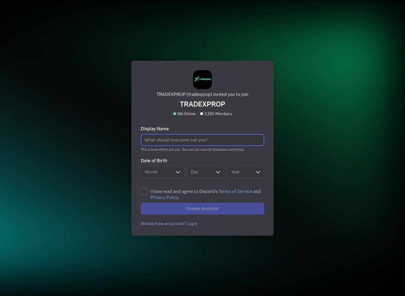 Official TradeXprop Discord invite showing 3,205 members and active users online