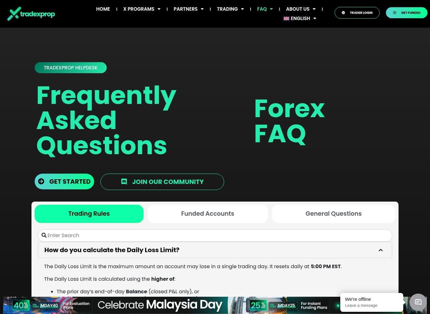 TradeXprop Forex FAQ setting out the published 45% consistency threshold, static drawdown and KYC requirement